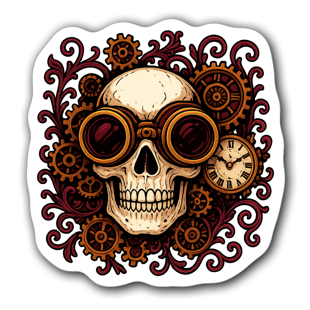 Gothic skull with steampunk goggles and clock gears design