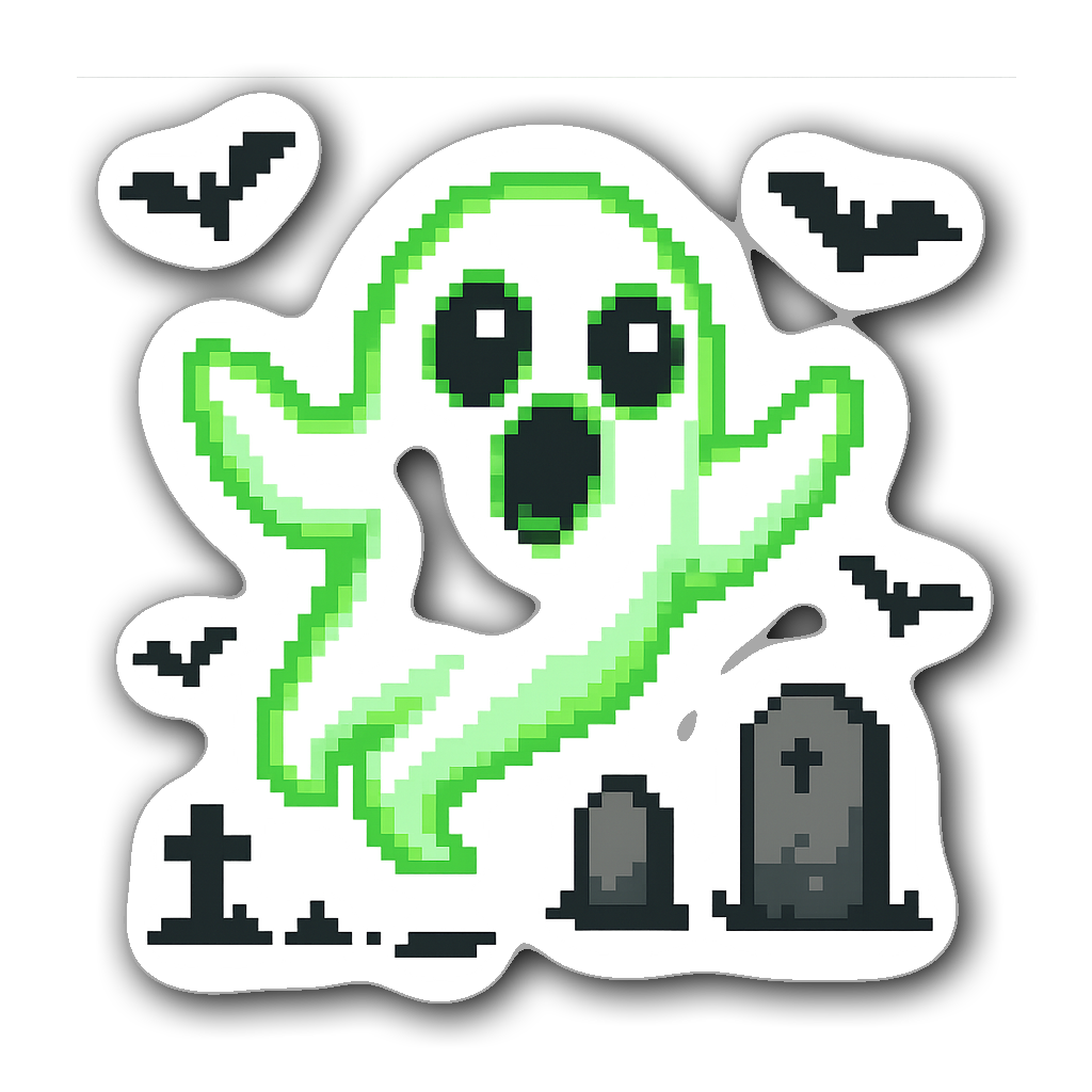 Pixel art ghost sticker with tombstones and bats, Halloween design