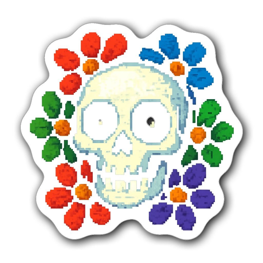Pixel art skull with oversized eyes and colorful flowers
