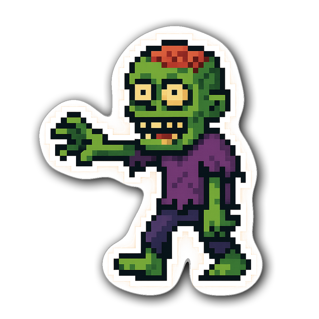 Pixelated zombie with a goofy grin, Halloween sticker