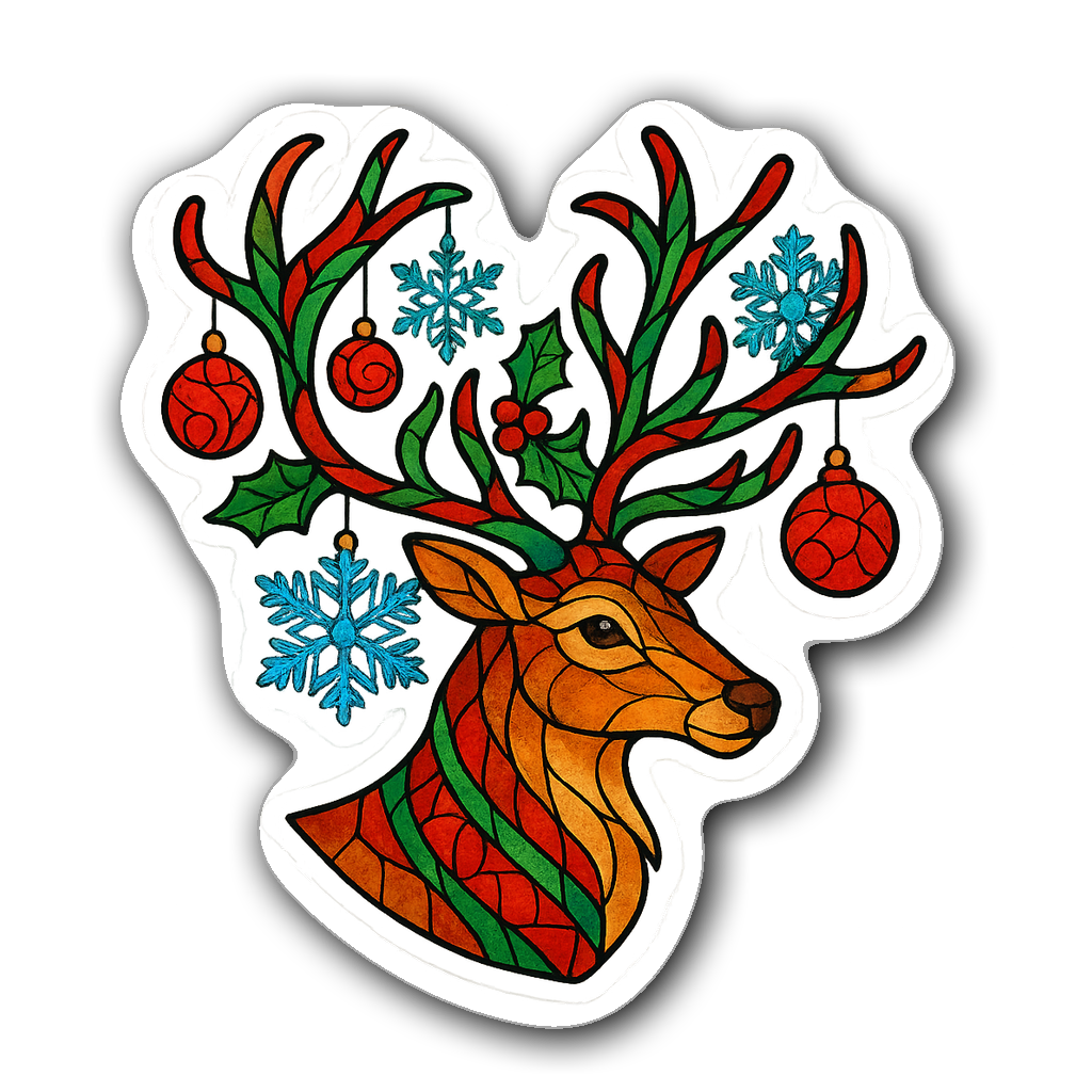 Vibrant stained glass reindeer sticker with red and green details.