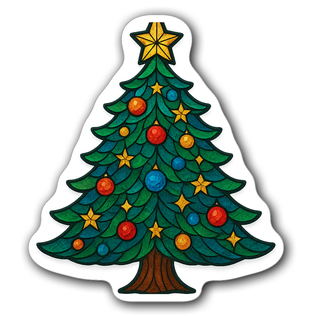 Stained glass Christmas tree sticker with vibrant colors and ornaments