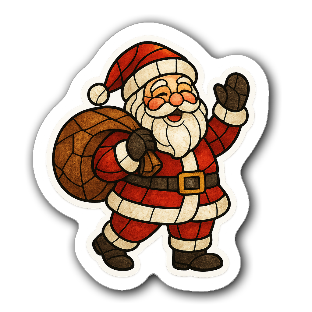 Stained glass style Santa Claus with sack of gifts die-cut sticker