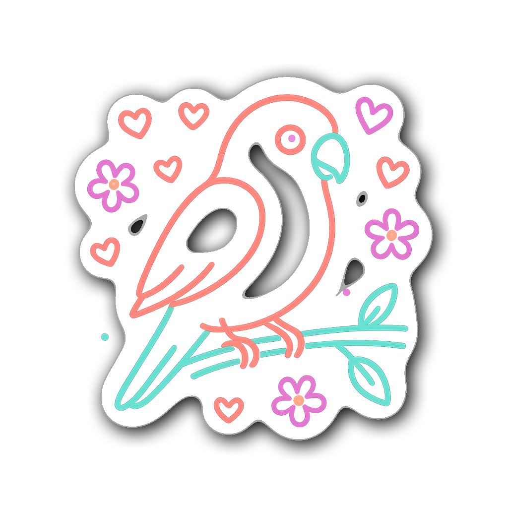 Whimsical neon outline lovebird wedding favor sticker