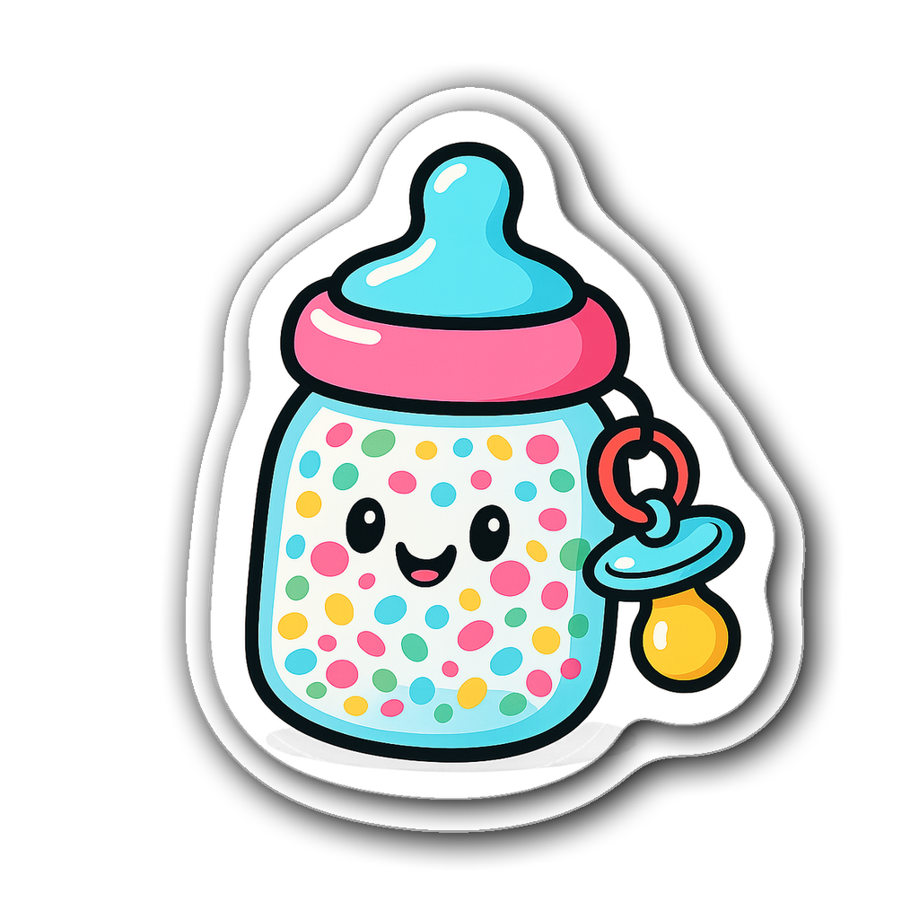 Cheerful baby bottle filled with colorful confetti and pacifier