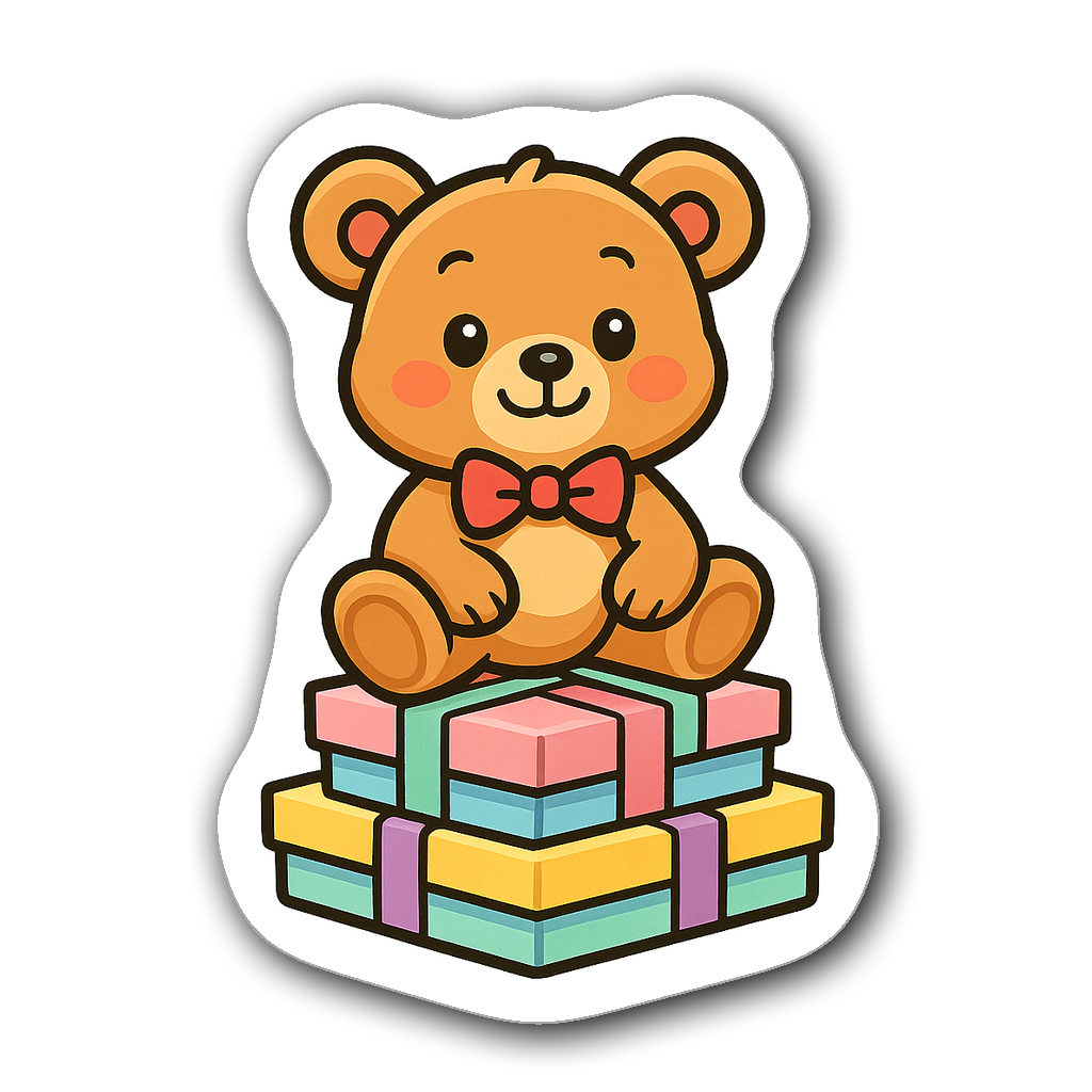 Cute teddy bear sticker on pastel gift boxes in comic art style