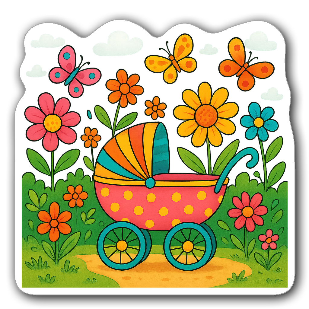 Whimsical baby carriage in a colorful garden for baby shower