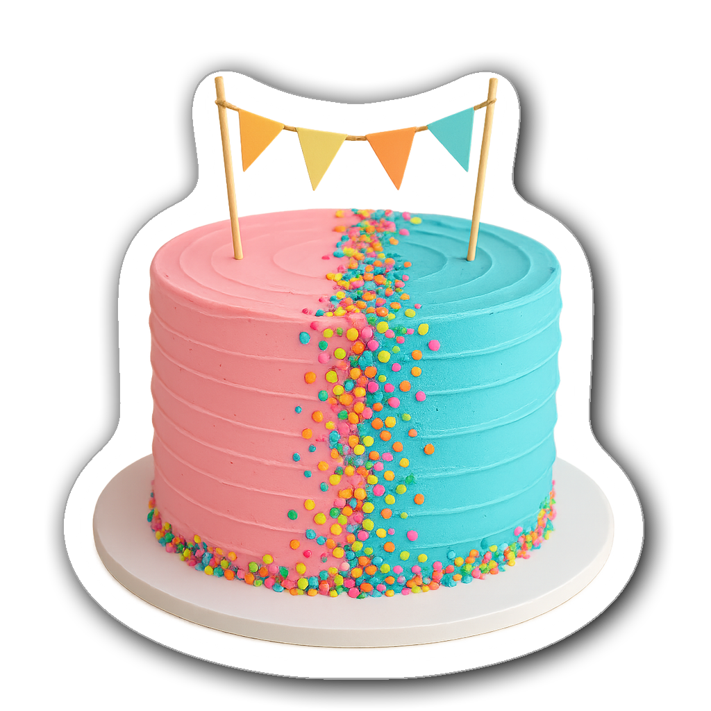 Gender reveal cake sticker with pink and blue frosting