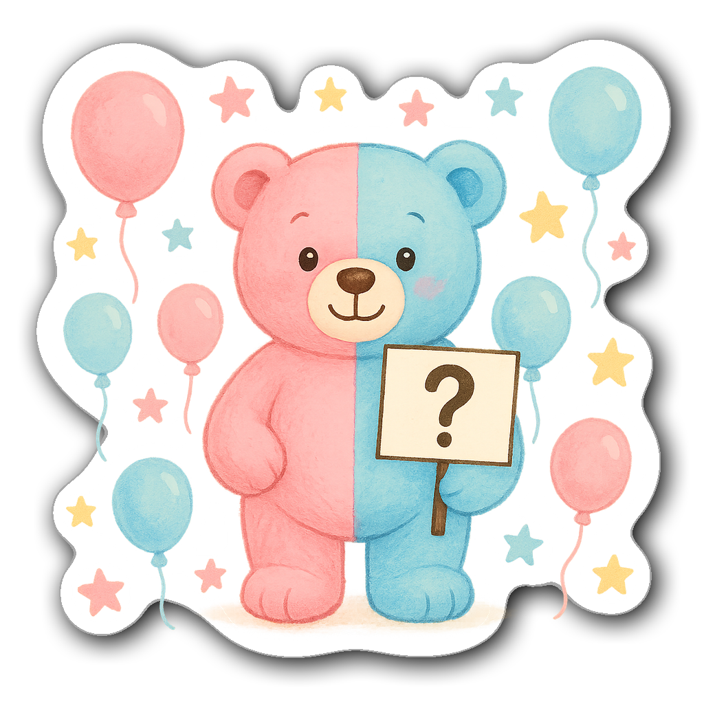 Cheerful teddy bear painted half pink and half blue with balloons
