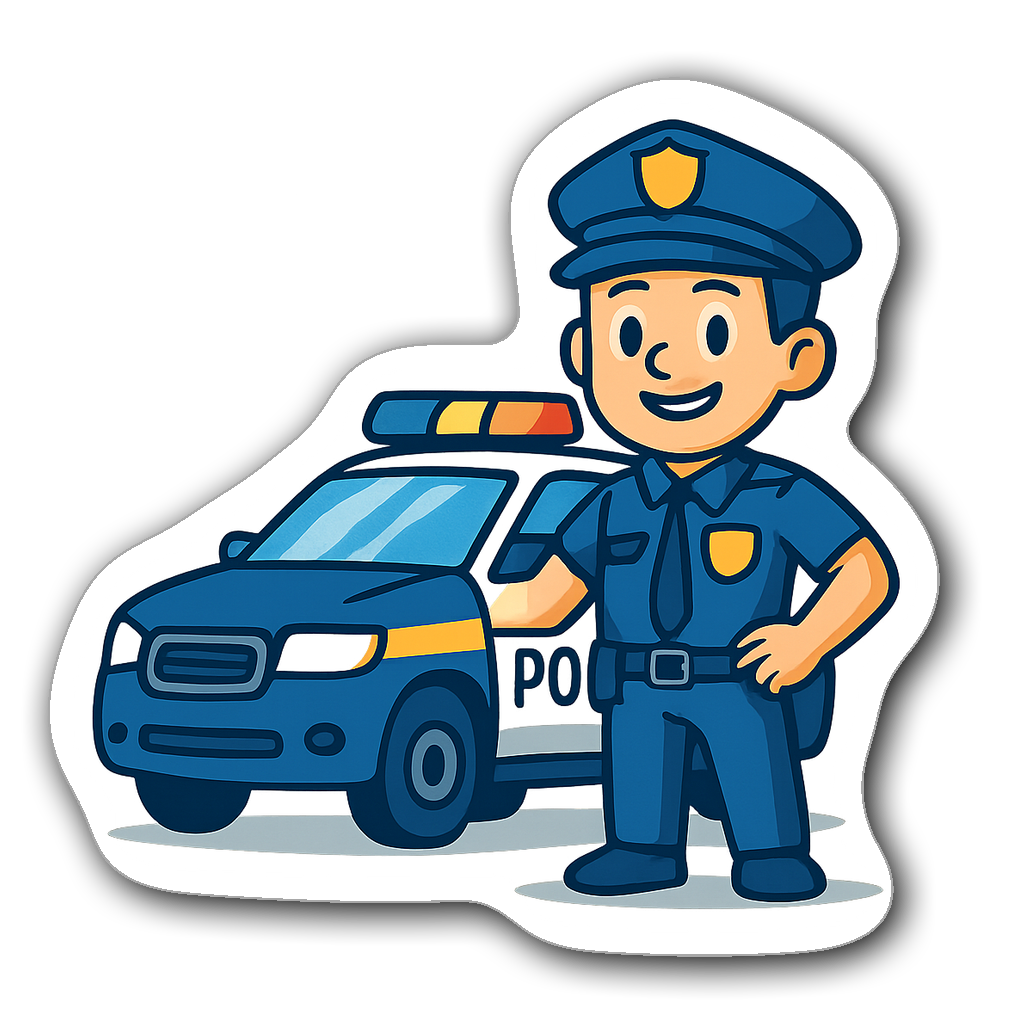 Police officer standing next to a friendly police car sticker