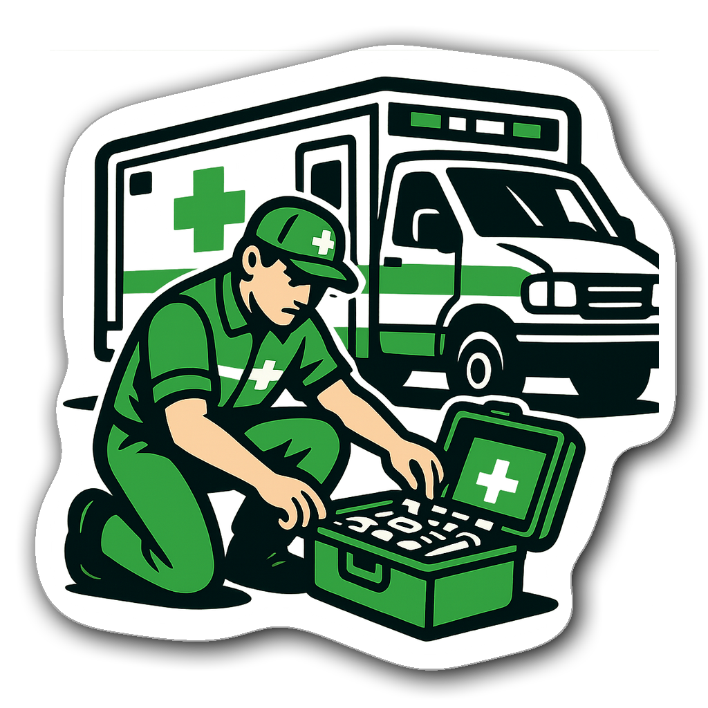Paramedic kneeling beside an ambulance sticker design