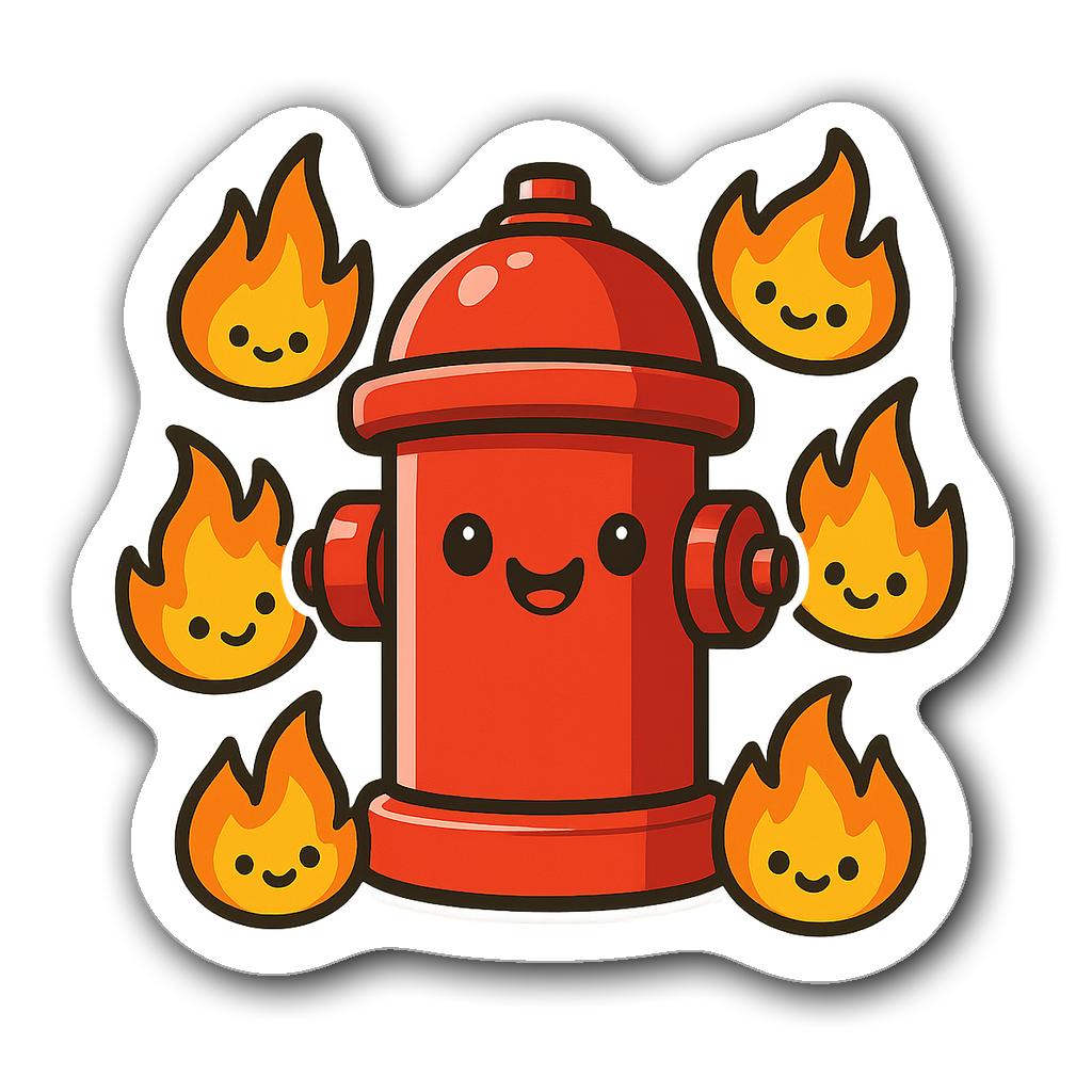 Chibi firefighter sticker with a cheerful fire hydrant and playful flames