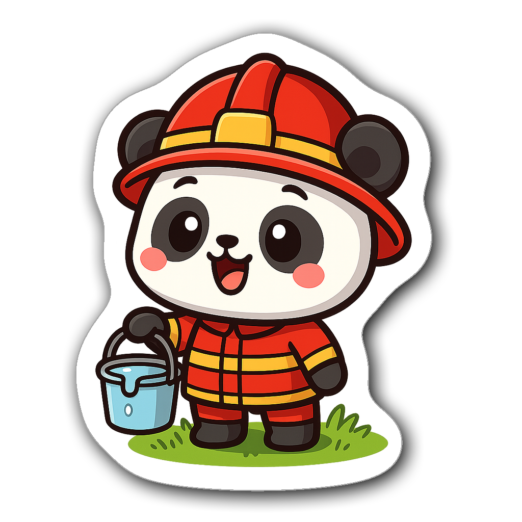 Chibi firefighter panda holding a bucket of water on grass