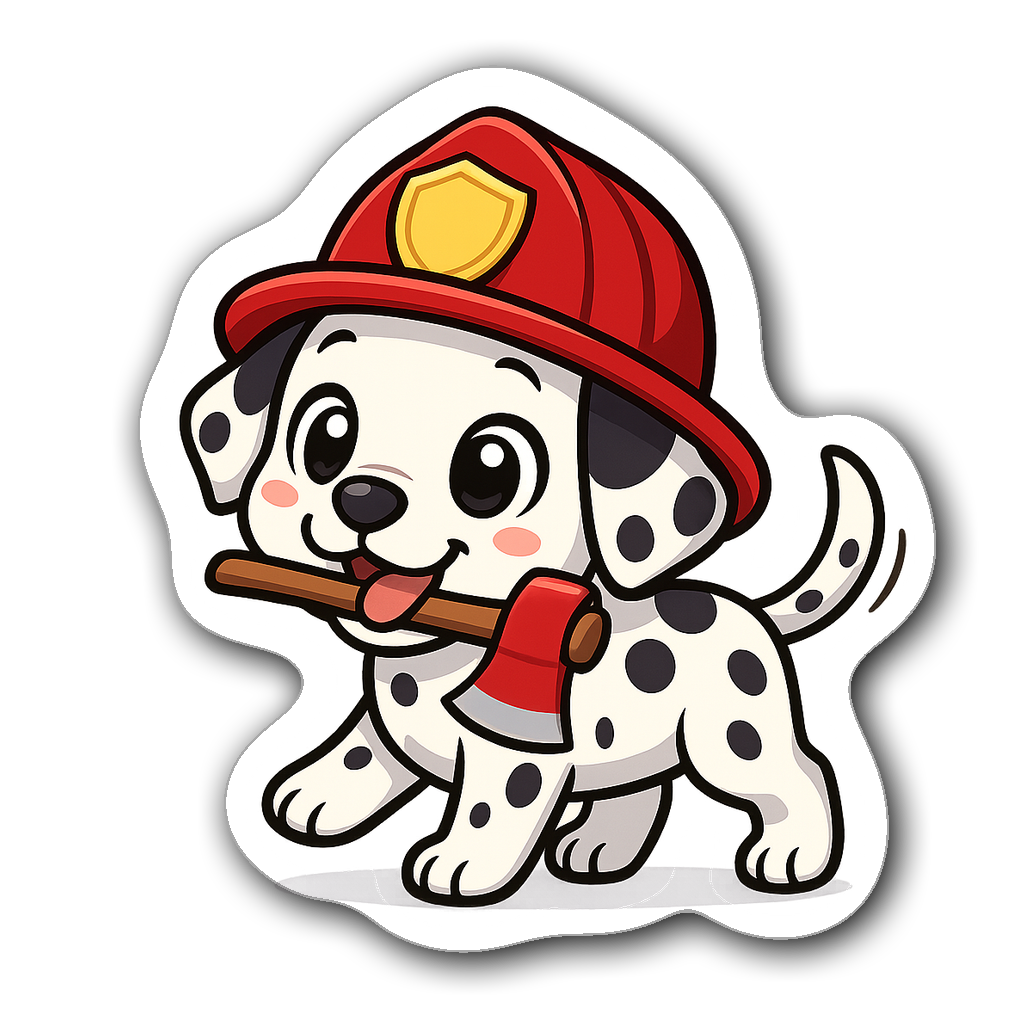 Kawaii chibi Dalmatian puppy firefighter sticker with fire axe