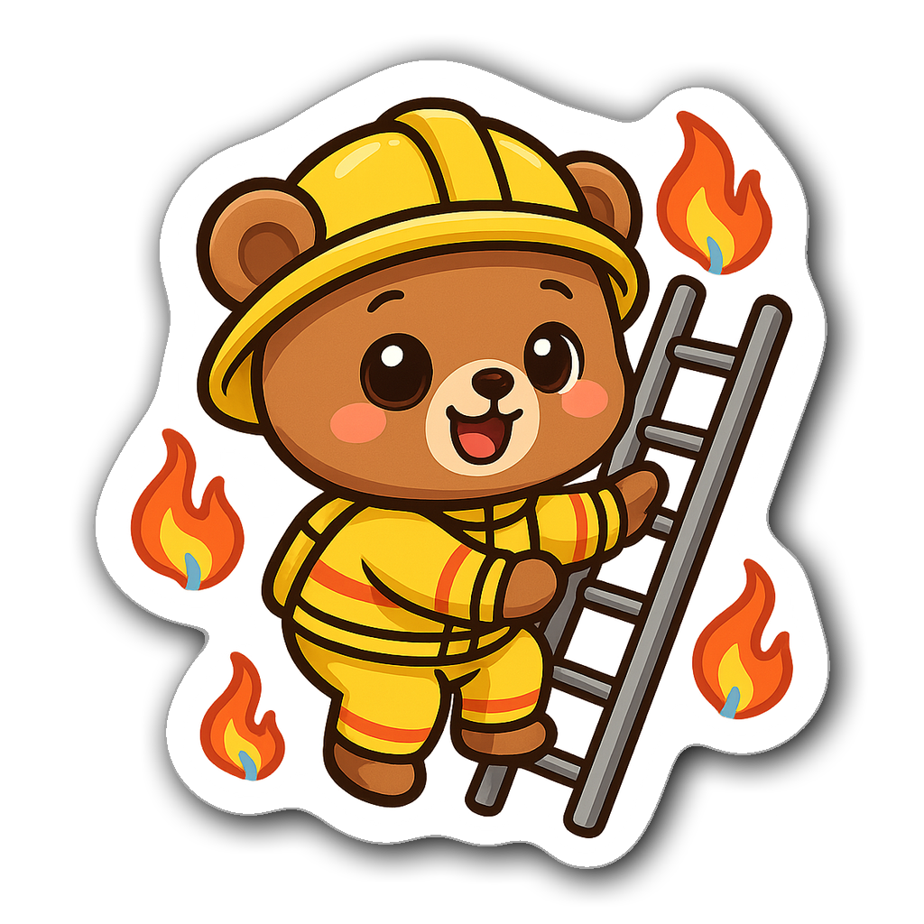 Kawaii chibi firefighter bear climbing a ladder with flames