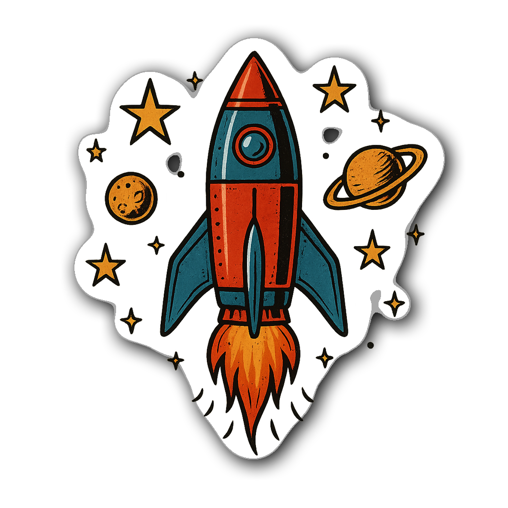 A vintage rocket ship blasting off surrounded by stars and planets