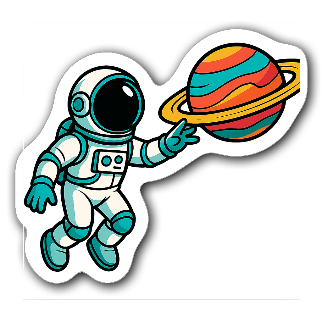 Retro astronaut sticker reaching for a colorful planet in space.