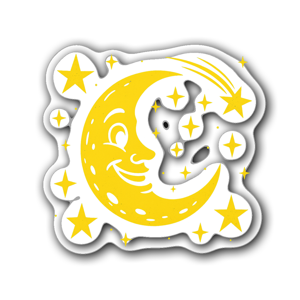 Retro vinyl sticker of a moon surrounded by stars