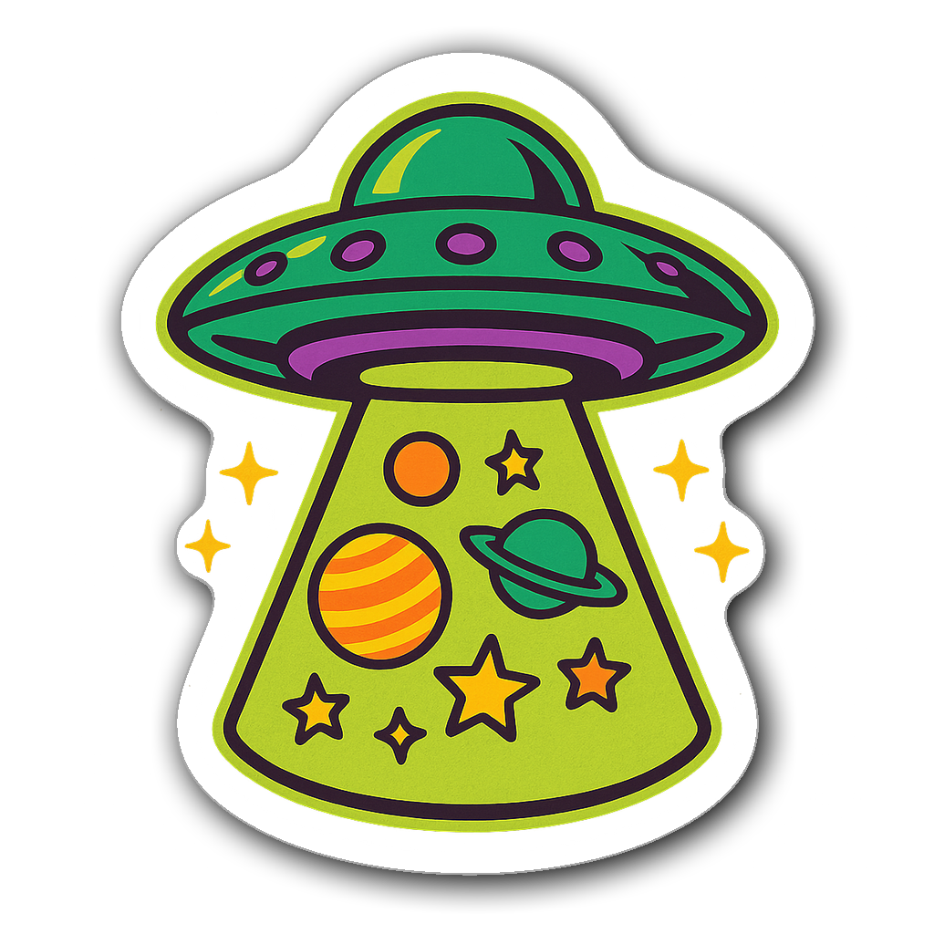 Retro style UFO space sticker with colorful planets and stars