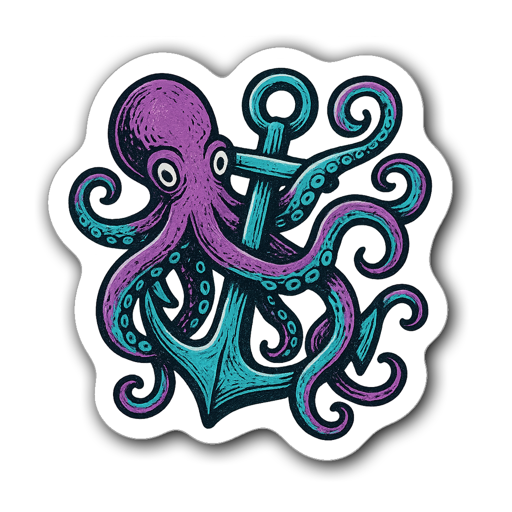 Whimsical octopus wrapping around a vintage ship's anchor