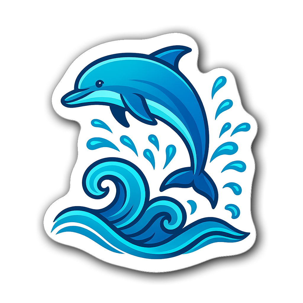 Dolphin leaping out of stylized ocean waves in vibrant colors