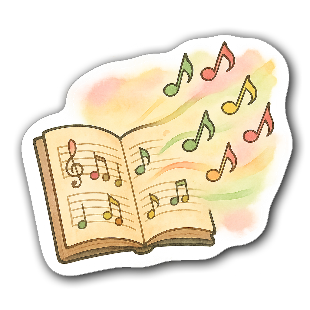Soft watercolor illustration of piano music with colorful notes