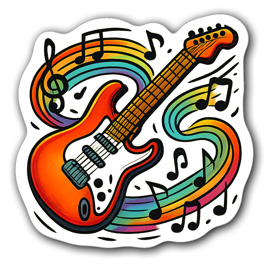 Vibrant electric guitar in motion with musical notes and colors