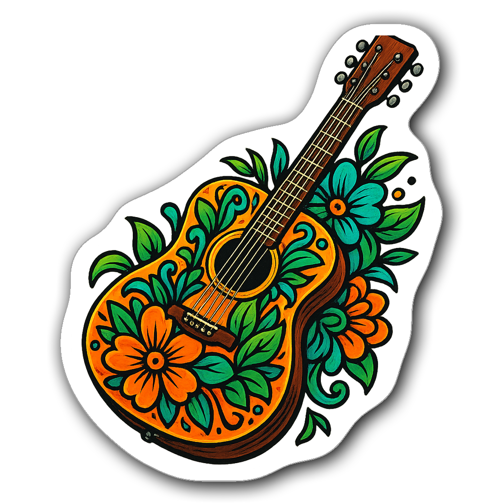 Graffiti-style acoustic guitar sticker with floral elements