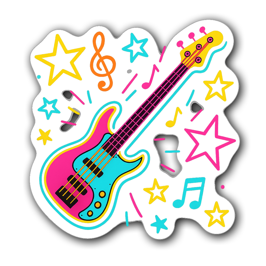Graffiti-style vinyl sticker of a bass guitar with stars