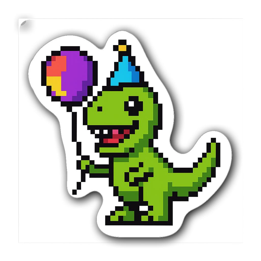 Cheerful green T-Rex sticker wearing a party hat and holding a balloon