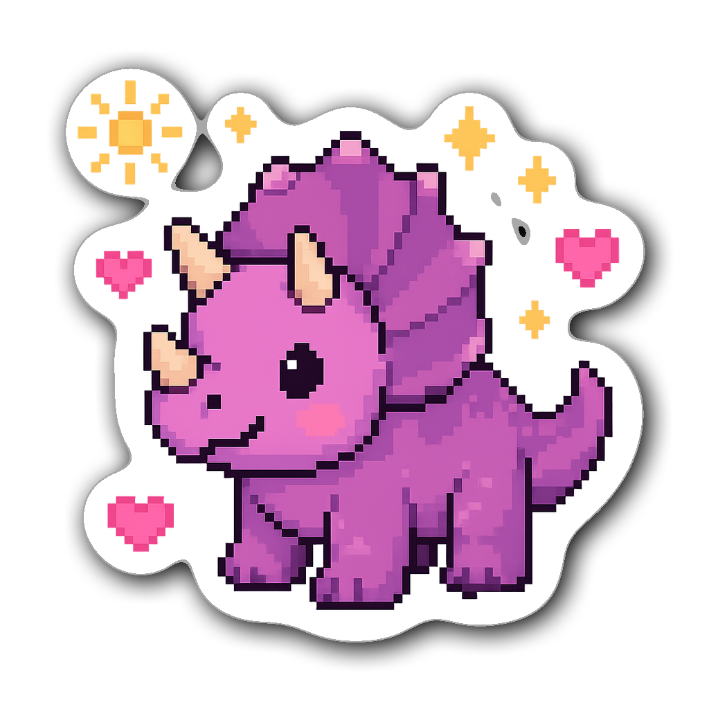 Pixel art Triceratops sticker with stars and hearts design.