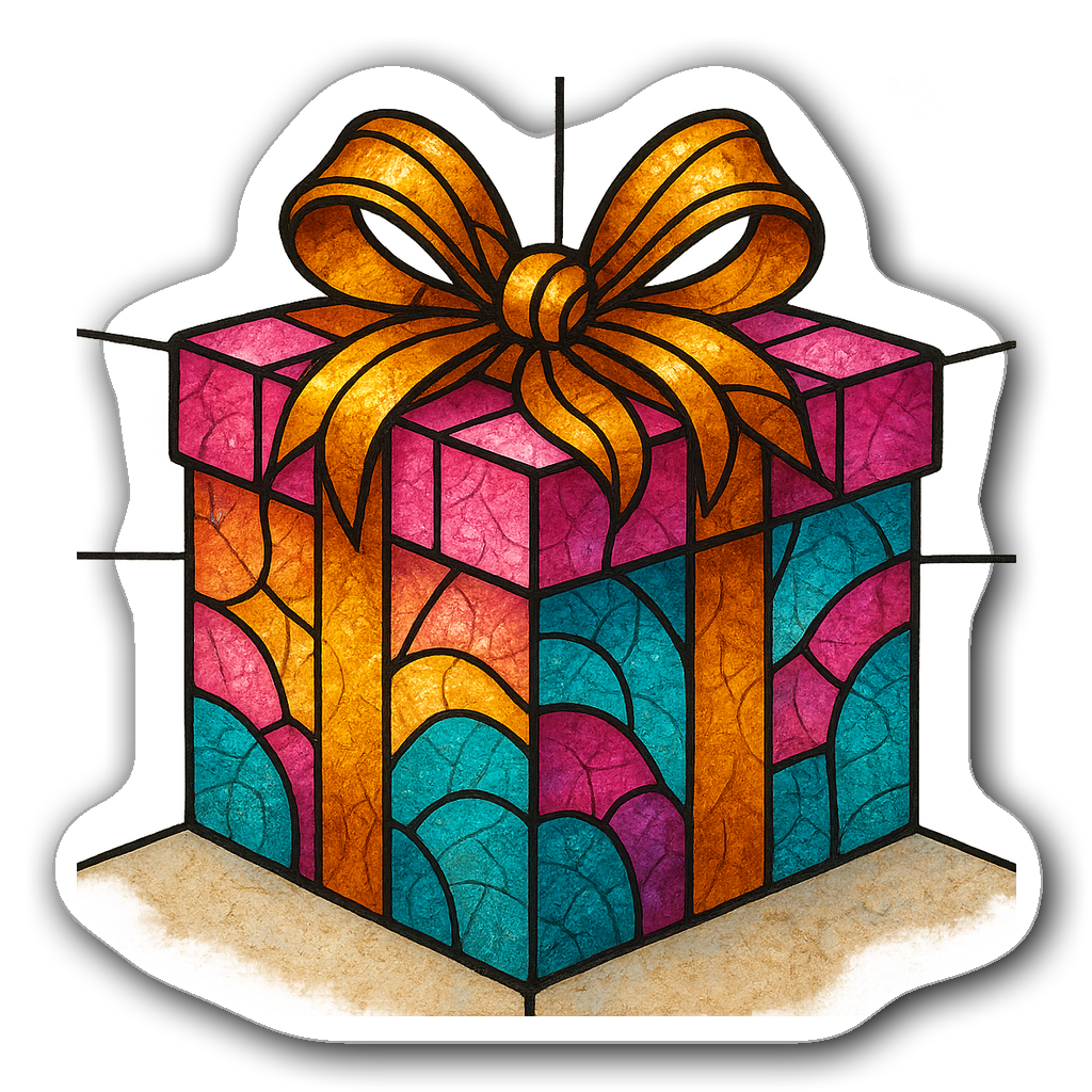 Stained glass birthday gift box sticker in vibrant colors