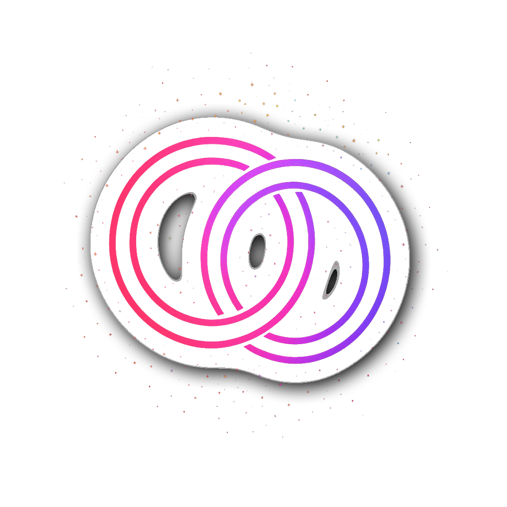 Neon gradient interlocking rings surrounded by sparkles