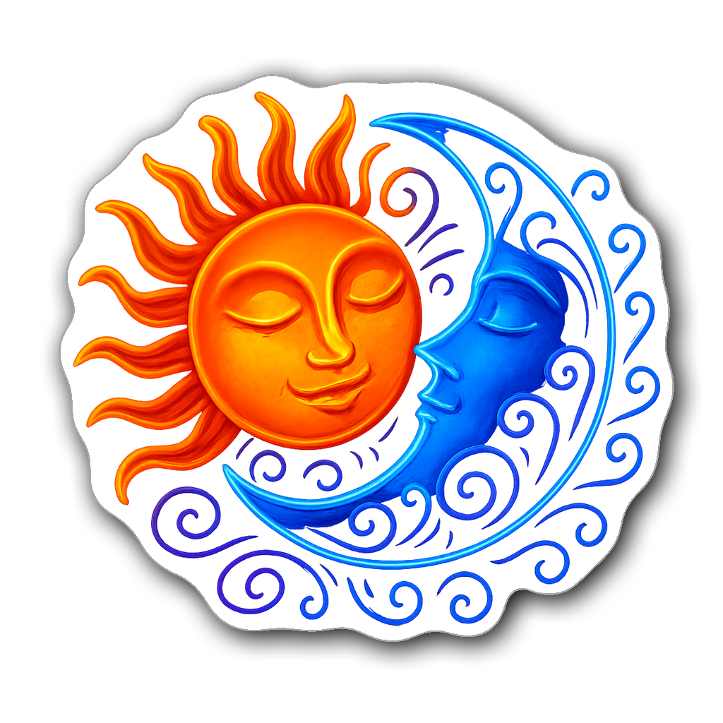 Neon colored sun and moon sticker symbolizing love