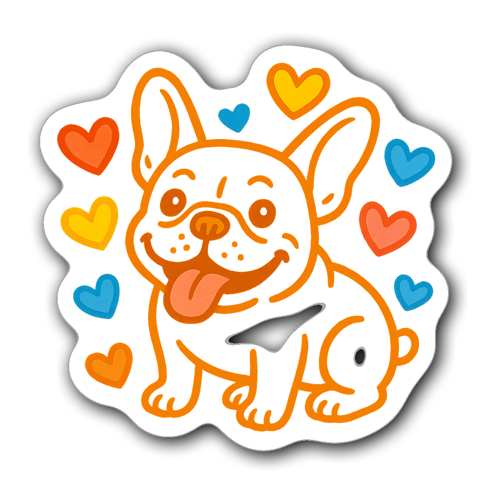 Playful French bulldog sticker with colorful heart accents.