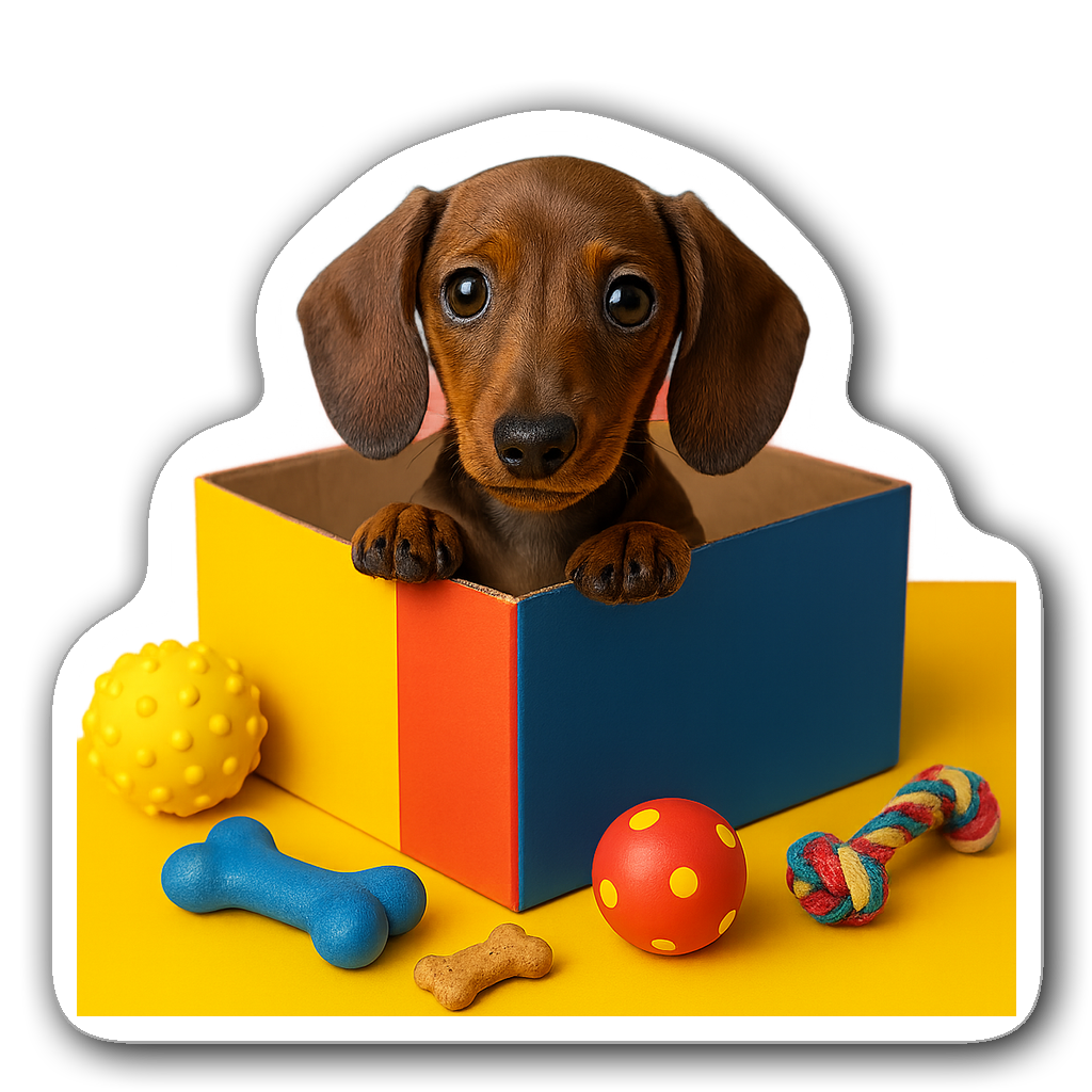 Curious dachshund peeking from a colorful cardboard box
