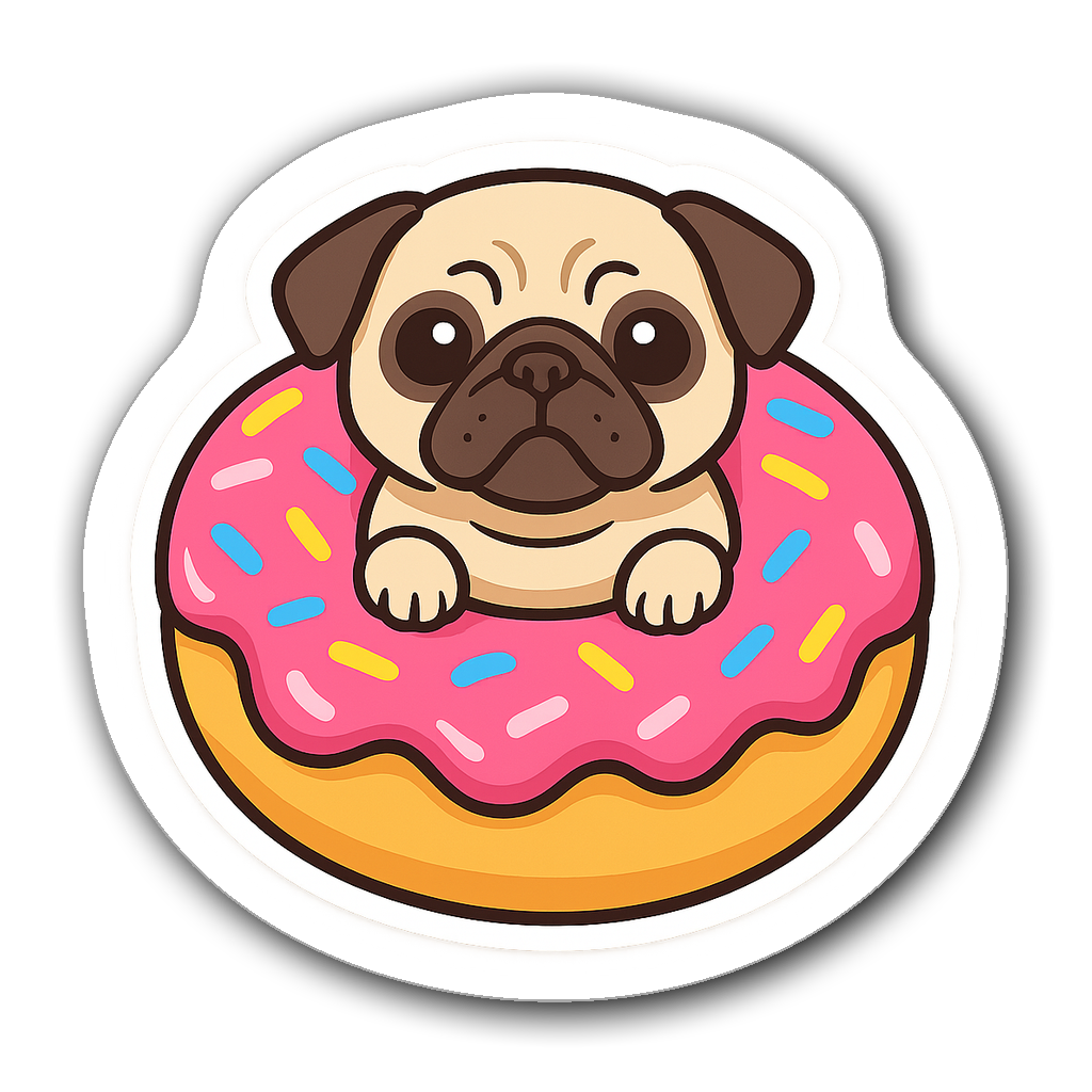 Adorable pug peeking out of a donut with colorful sprinkles