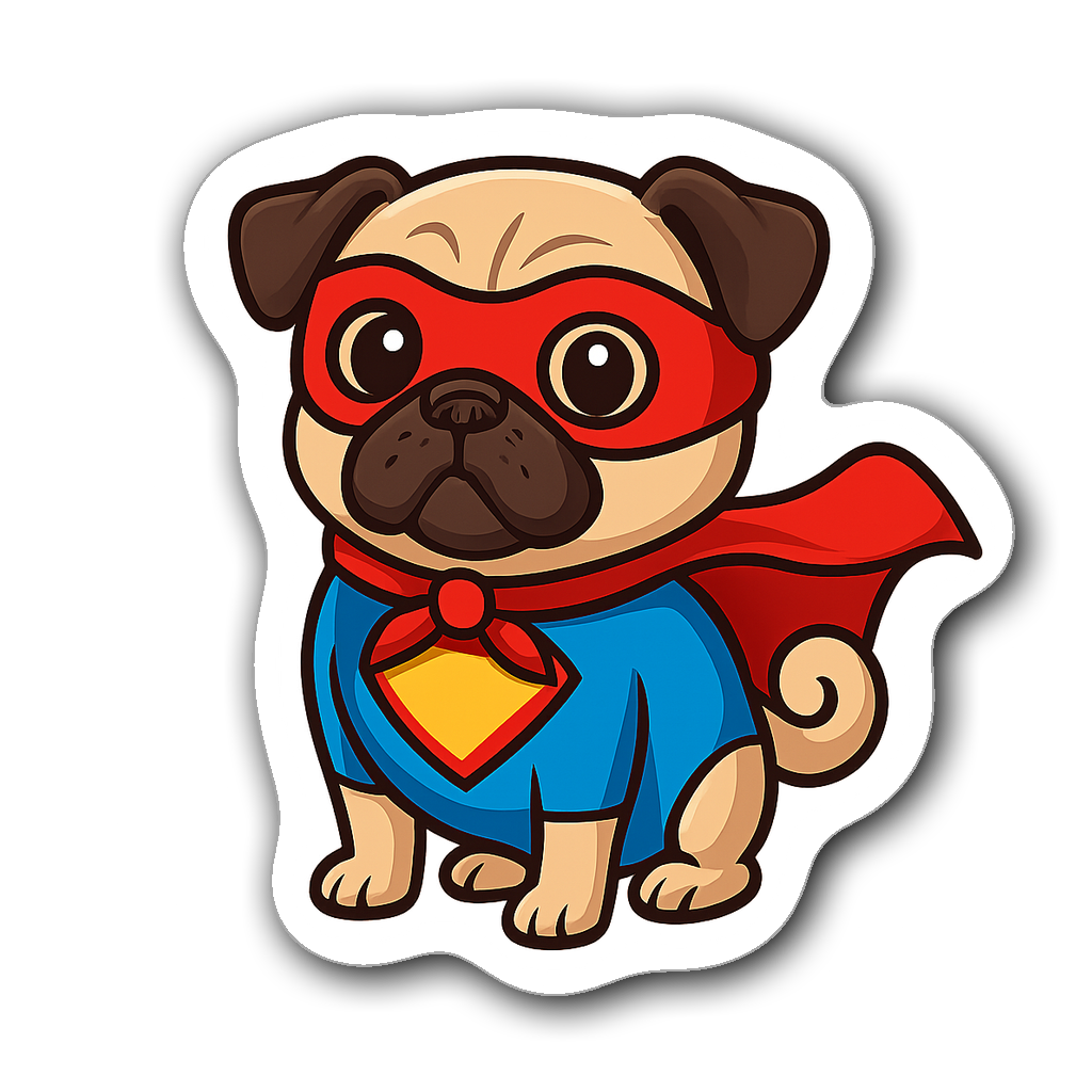 Cartoon-style pug in a superhero costume with bright colors