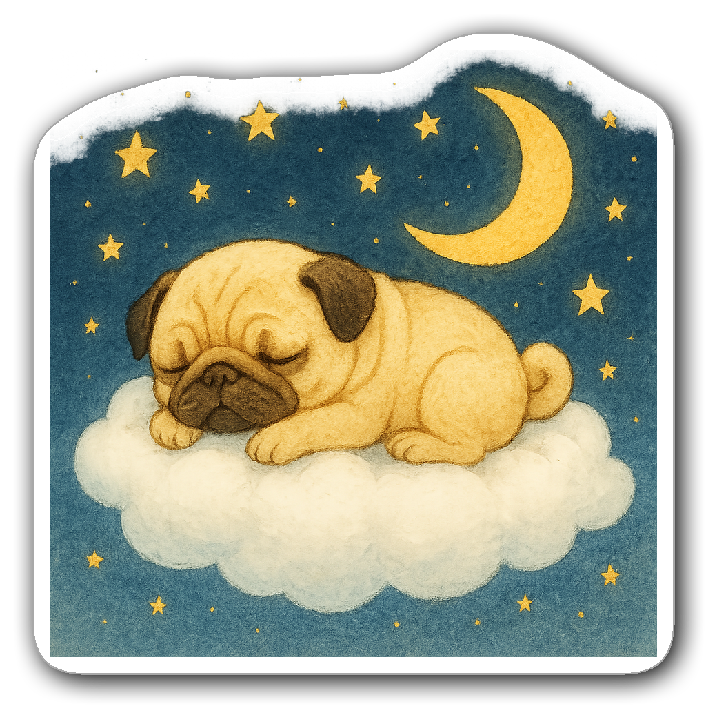 Sleepy pug lying on white cloud with stars and moon