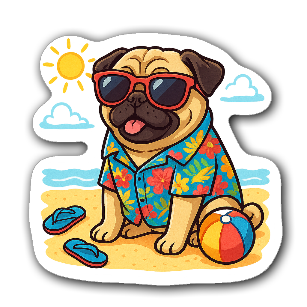 Pug wearing Hawaiian shirt and sunglasses at the beach