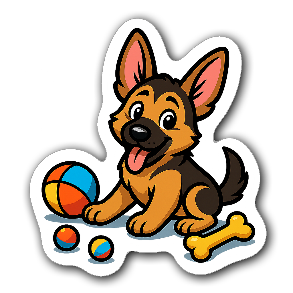 Playful German Shepherd puppy surrounded by colorful toys