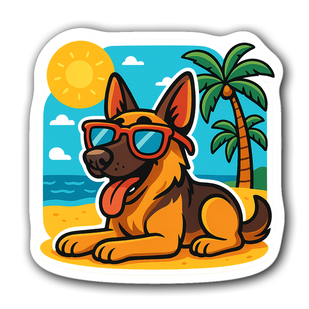 Cartoon German Shepherd in sunglasses on a sunny beach