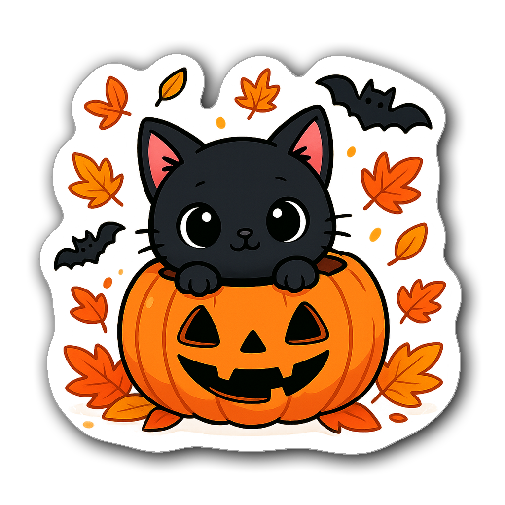 Kawaii chibi black cat in a jack-o'-lantern with autumn leaves