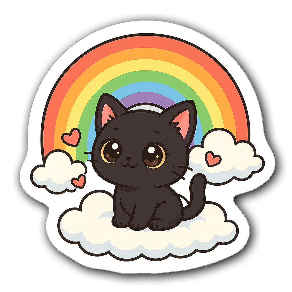 Chibi black cat sitting on cloud with rainbow and hearts