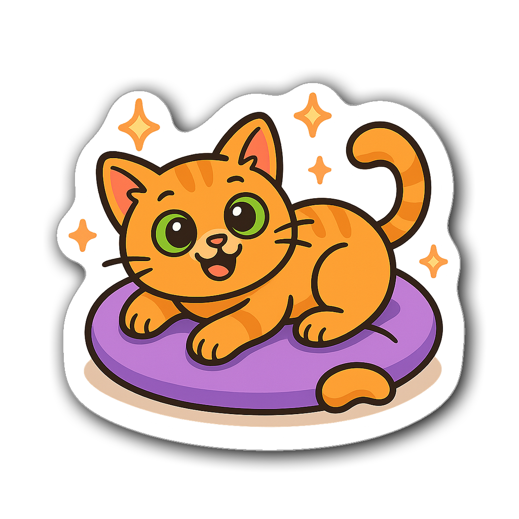 Cartoon-style orange cat lounging on a purple pillow