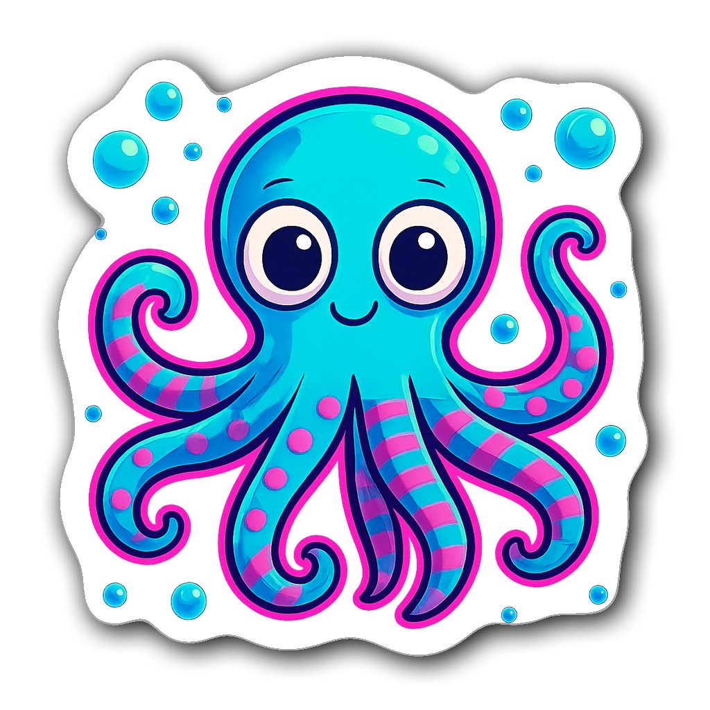 Whimsical octopus sticker with vibrant colors and neon glow