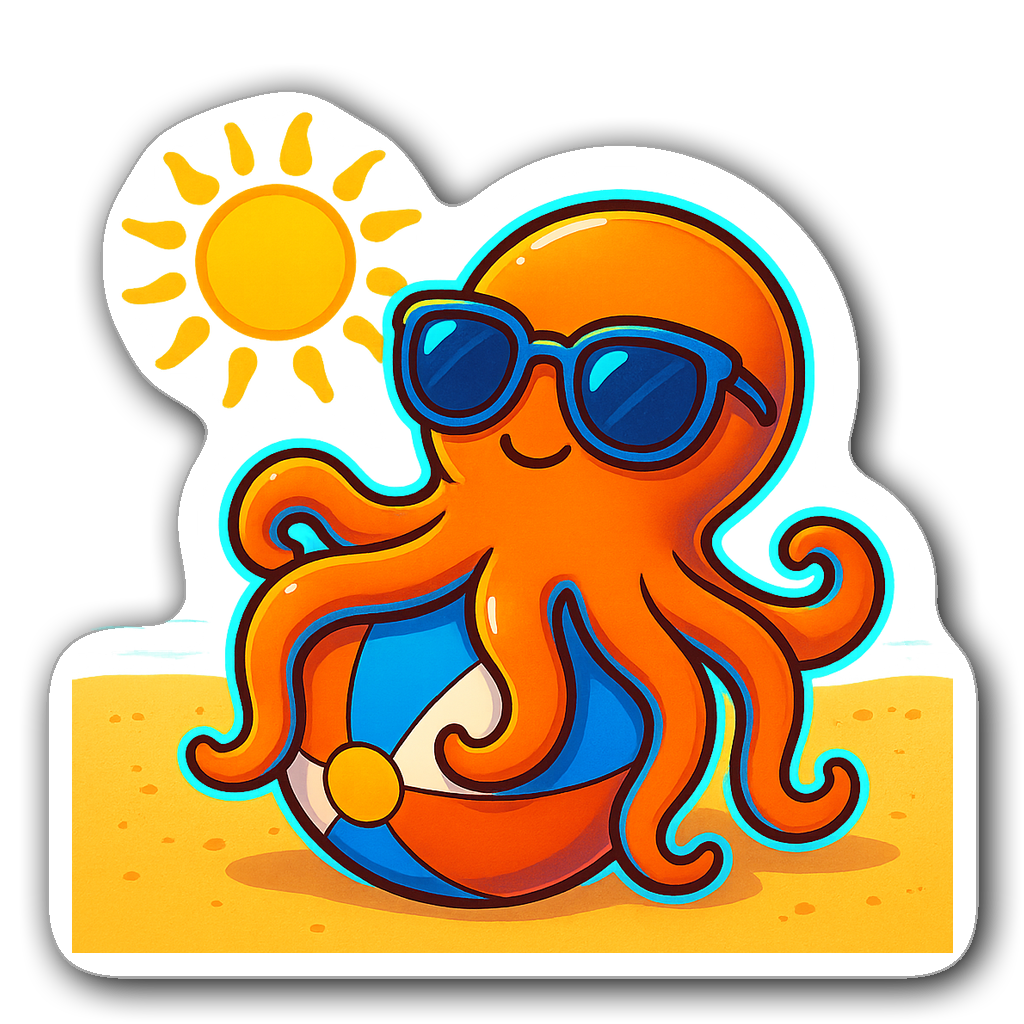 Cute cartoon octopus with sunglasses on a beach ball