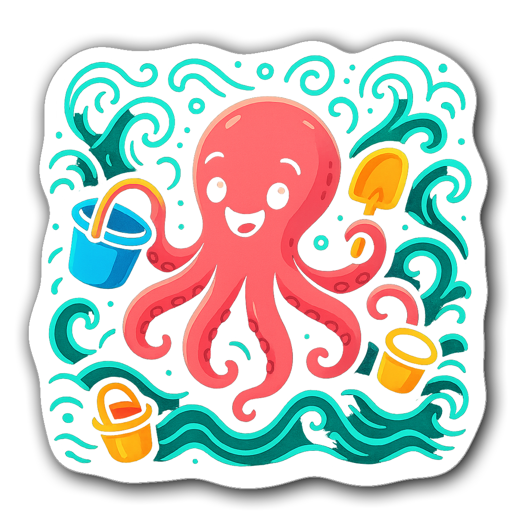 Colorful octopus with beach toys in neon outline style