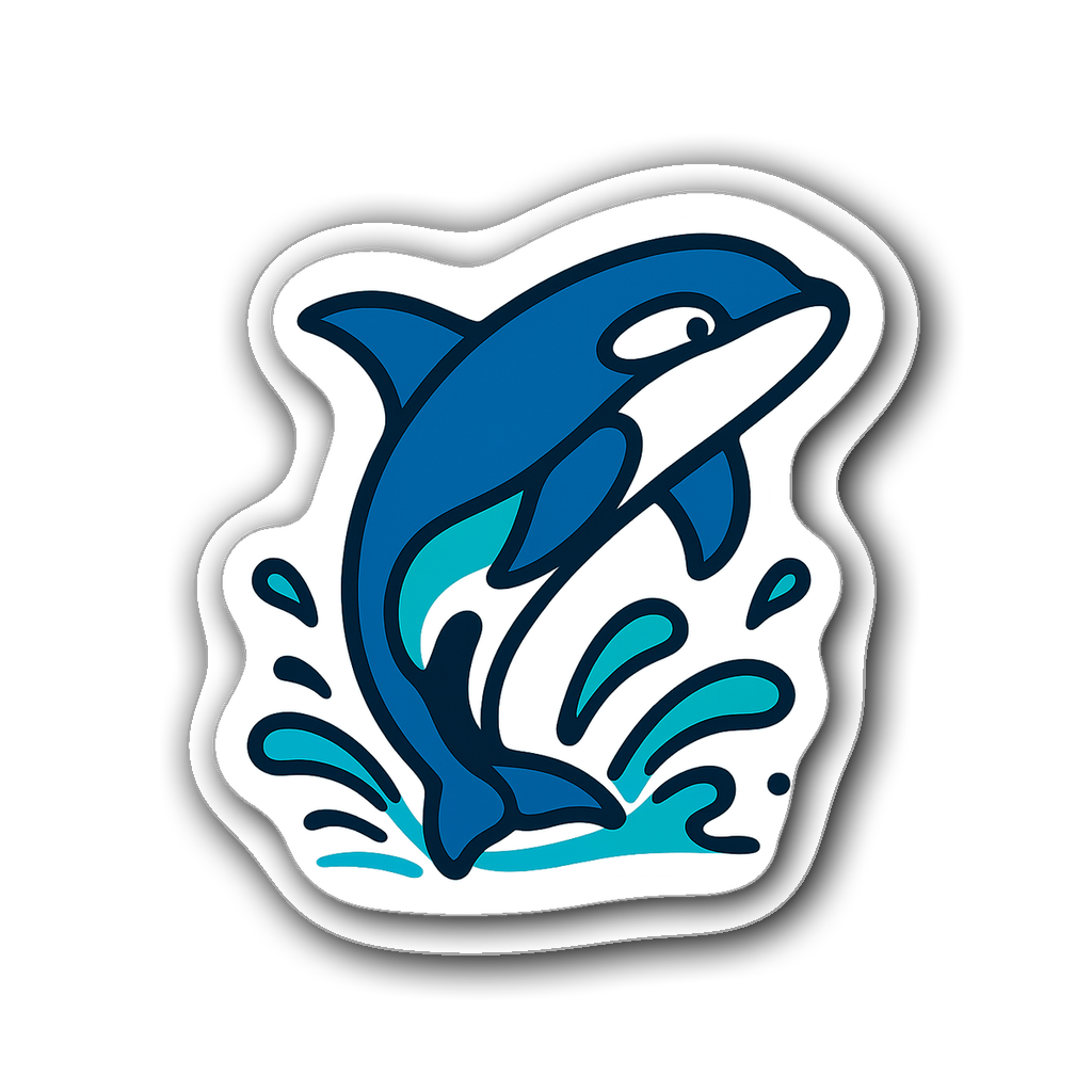 Minimalist line art of a breaching orca whale in blue