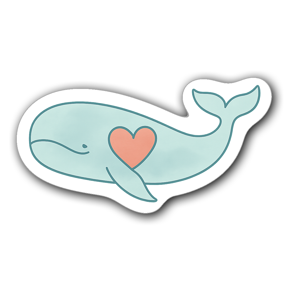 Minimalist line art whale sticker with turquoise and coral colors